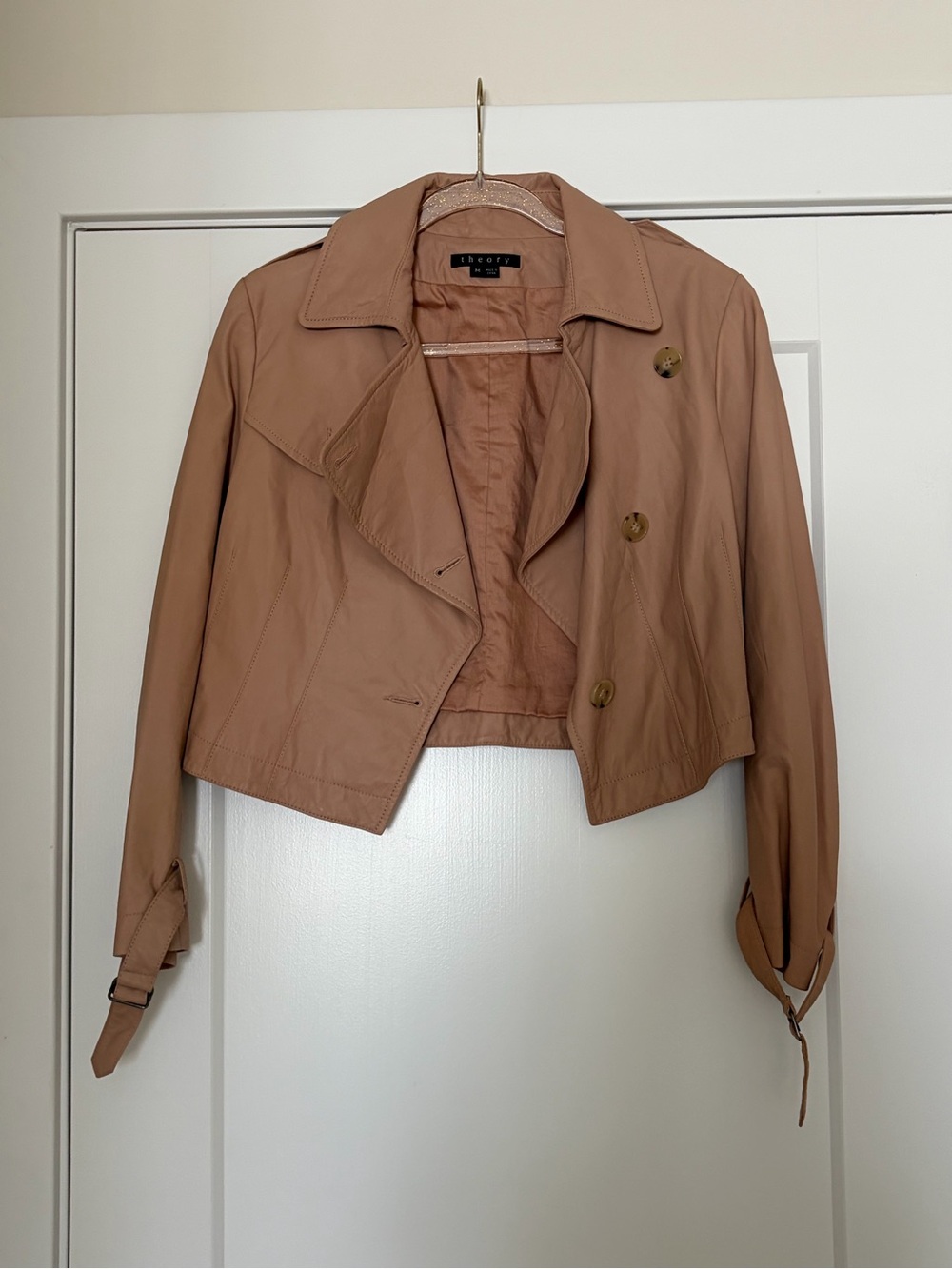 Theory Cropped Leather Jacket - Tan